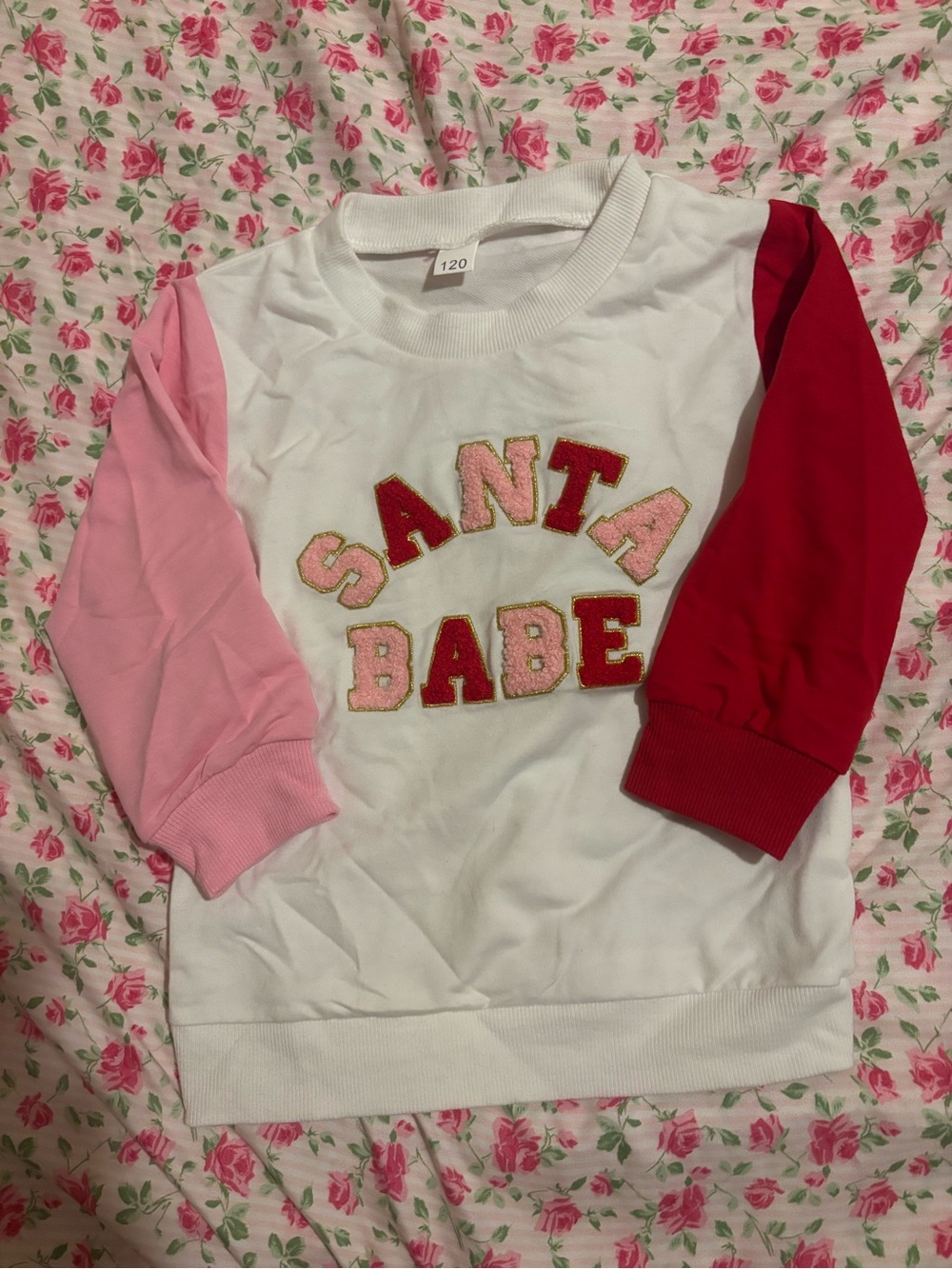 White 'Santa Babe' Pullover with Pink and Red Sleeves